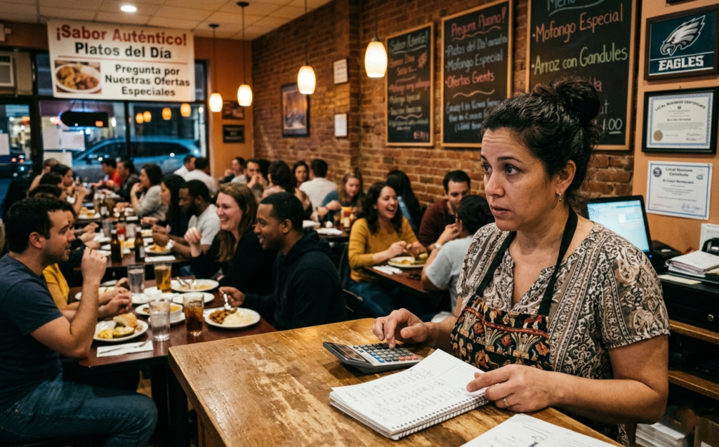 Dueña de un restaurante latino en Filadelfia revisando cuentas con calculadora y libreta, con el comedor lleno de clientes al fondo.