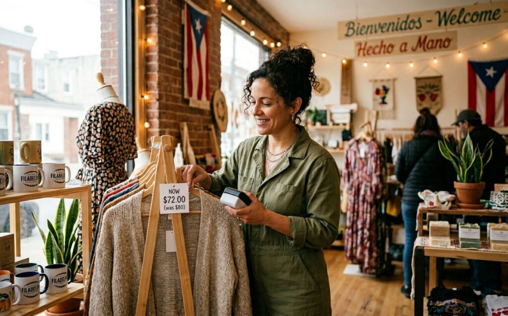 Latina business owner reviewing the profitability impact of a 10% discount in her Philadelphia small business