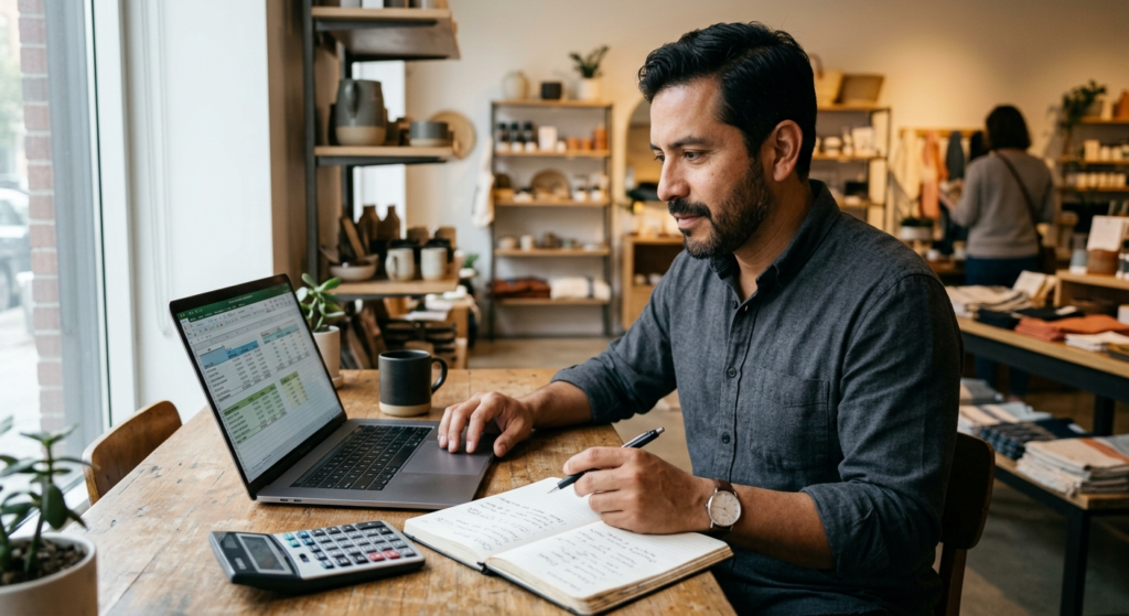 Latino small business owner reviewing sales data and calculating customer targets to reach monthly revenue goals in Philadelphia