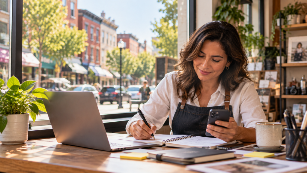 Emprendedora organizando su negocio en un café